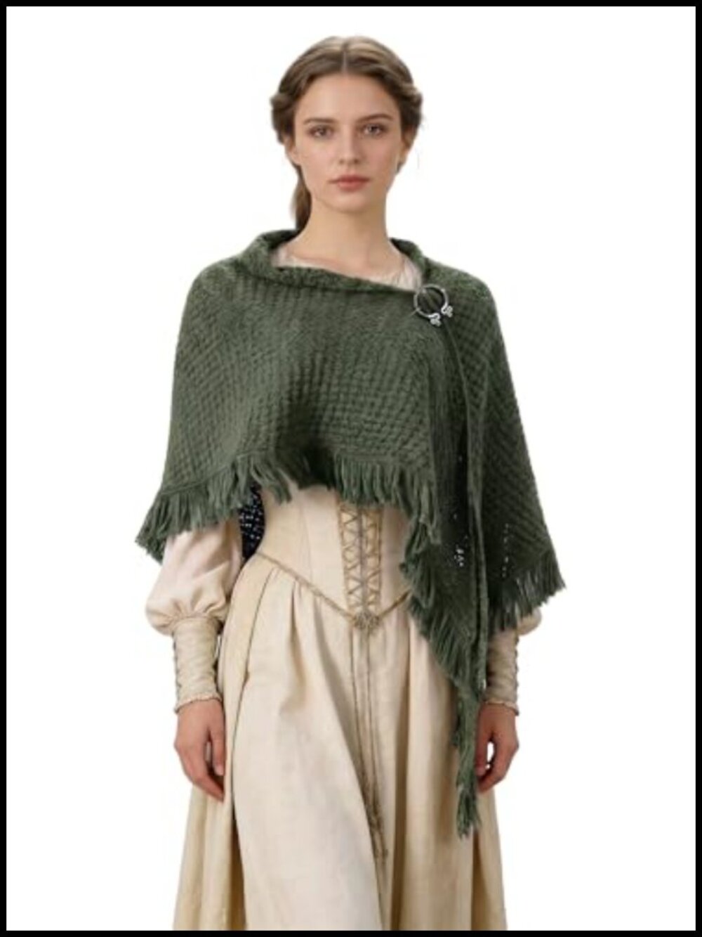 Knit Triangle Poncho Shawl Wrap with Fringe Tassel Trim, Renaissance Cape Style